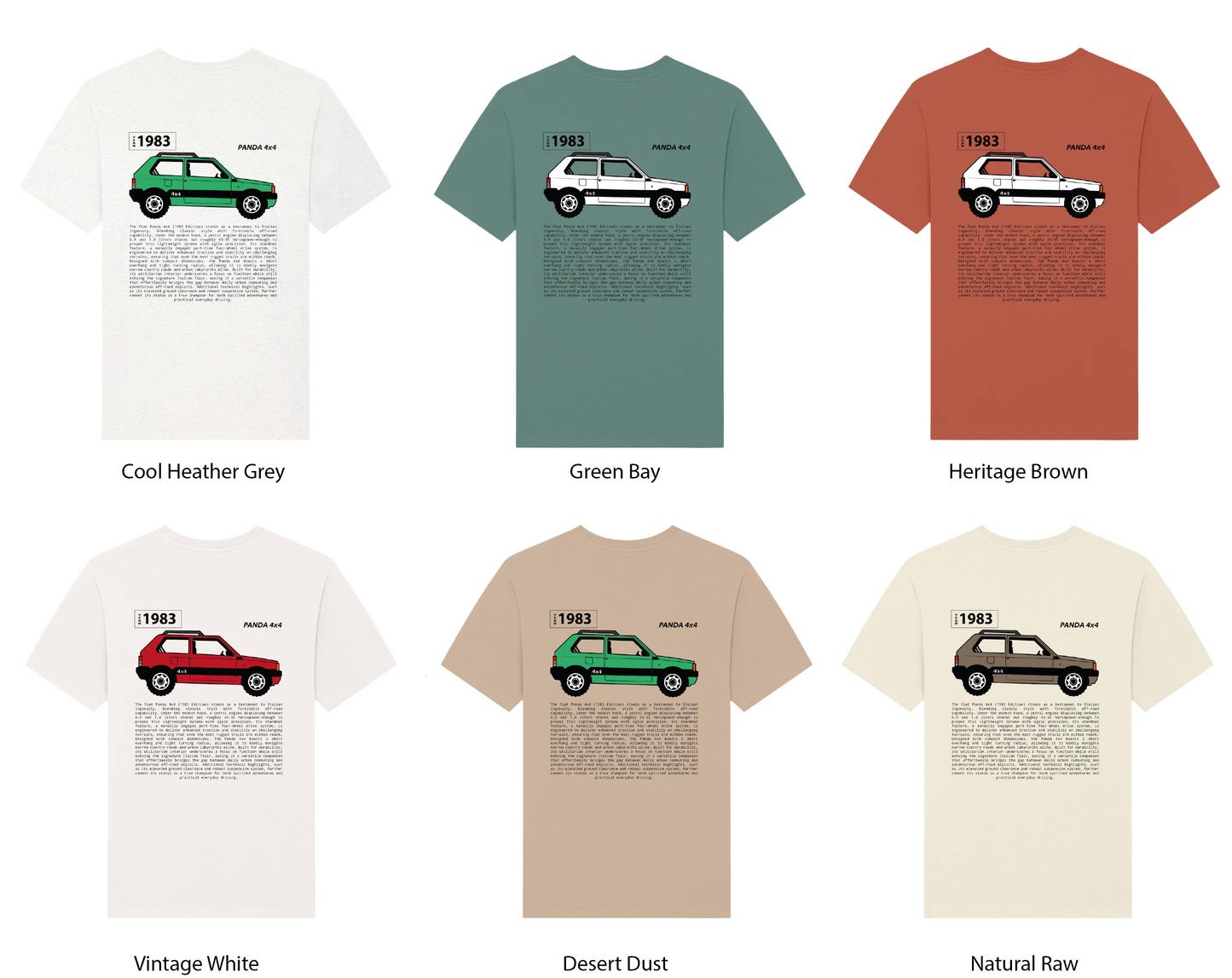 Fiat Panda printed t-shirt back all variants