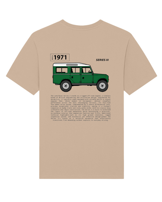 Green Land Rover Defender tribute tee back desert dust