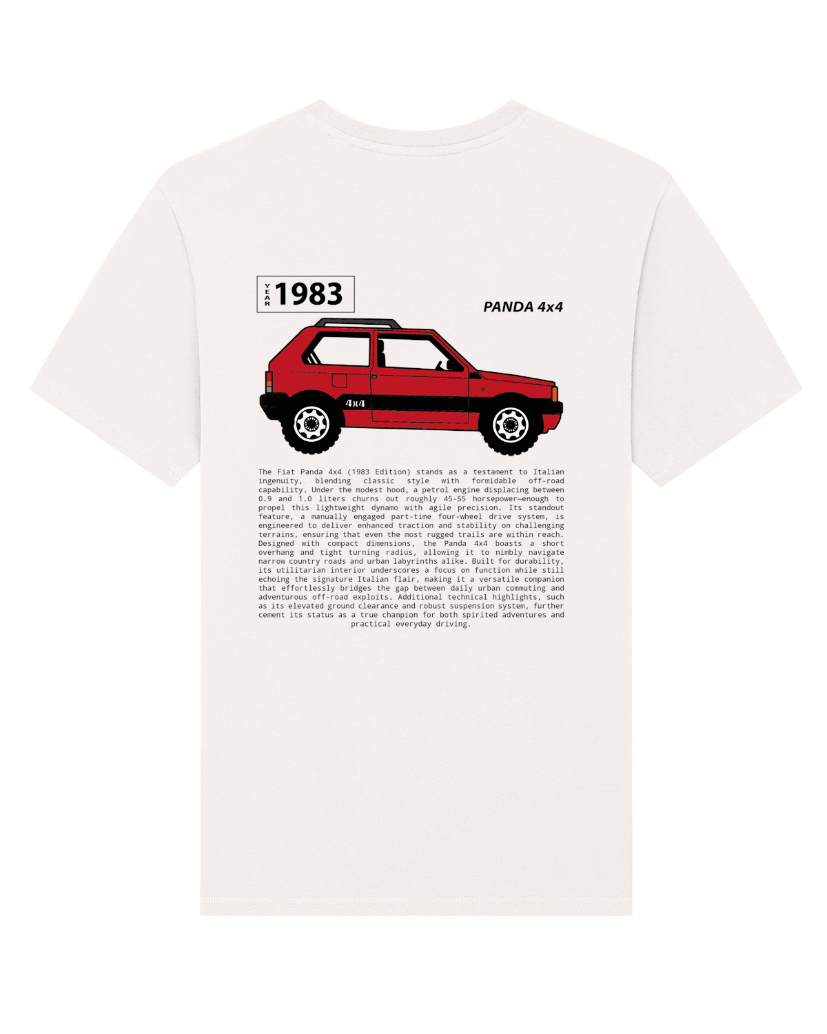 Red Fiat Panda 4x4 tribute tee back vintage white
