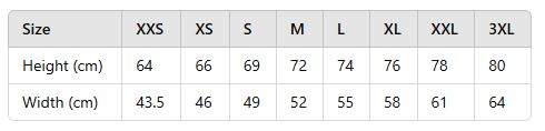T-Shirt size table