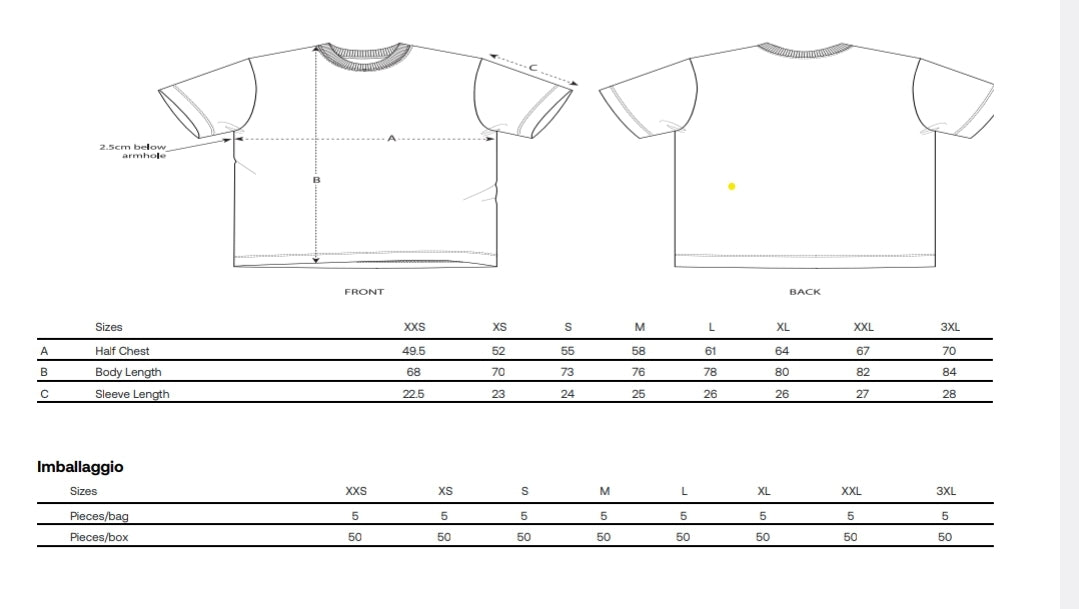 T-Shirts measurement chart