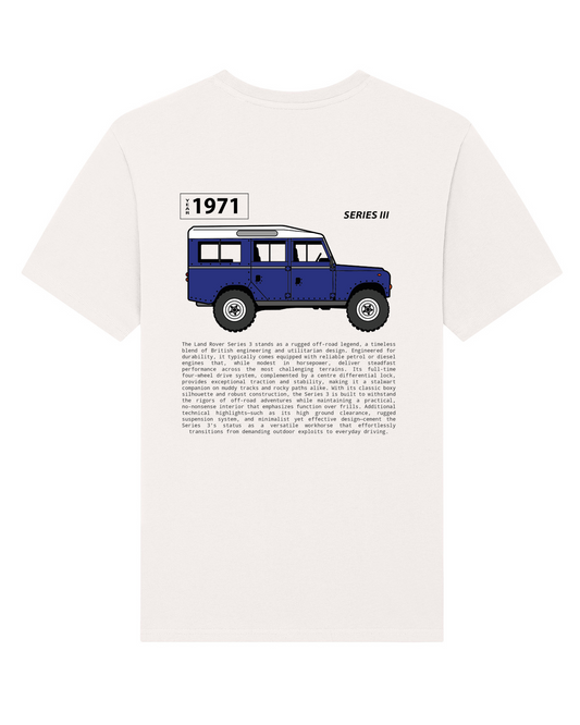 Blue Land Rover Defender tribute tee back vintage white