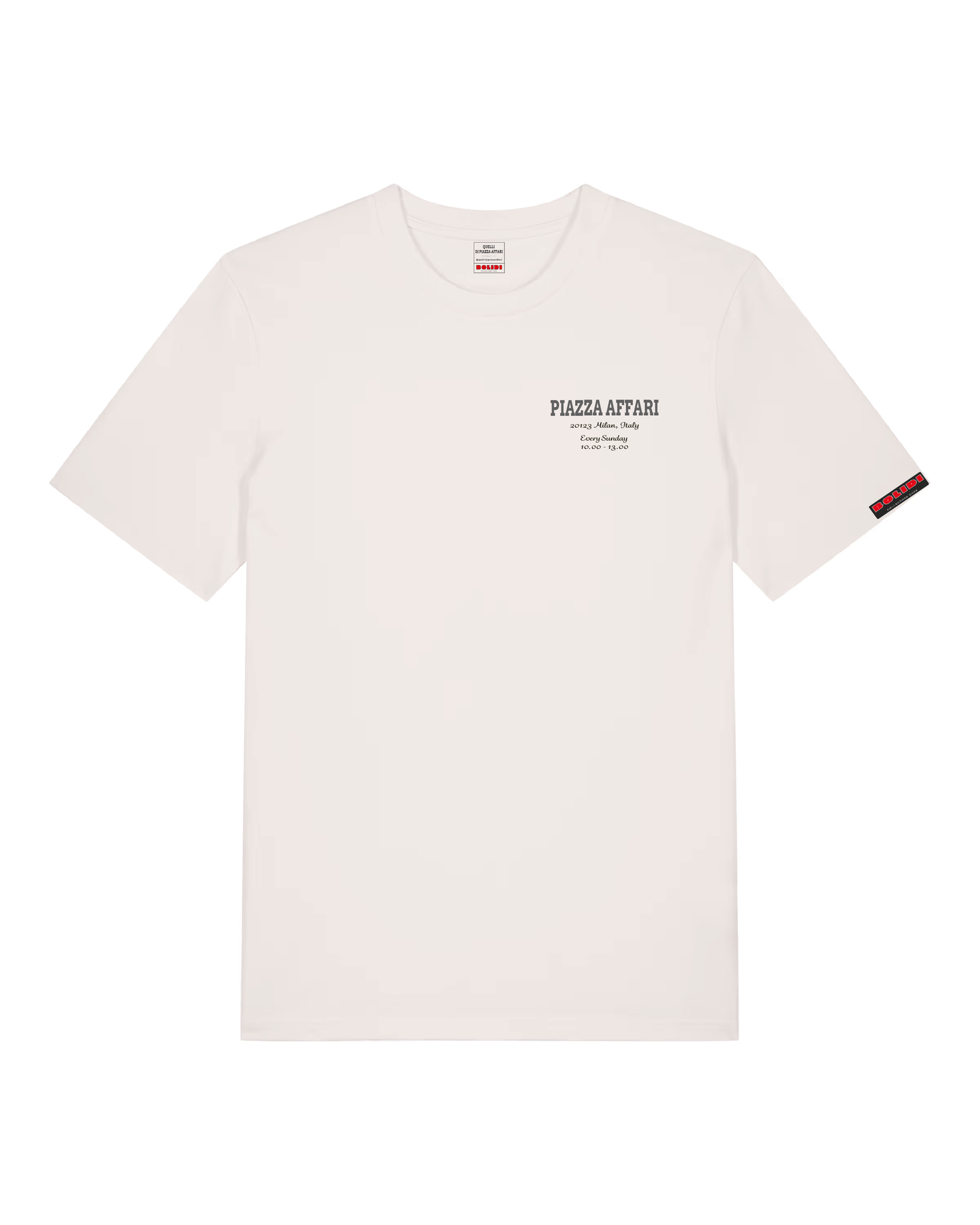 Bolidi x Quellidipiazzaaffari front white t-shirt blue logo