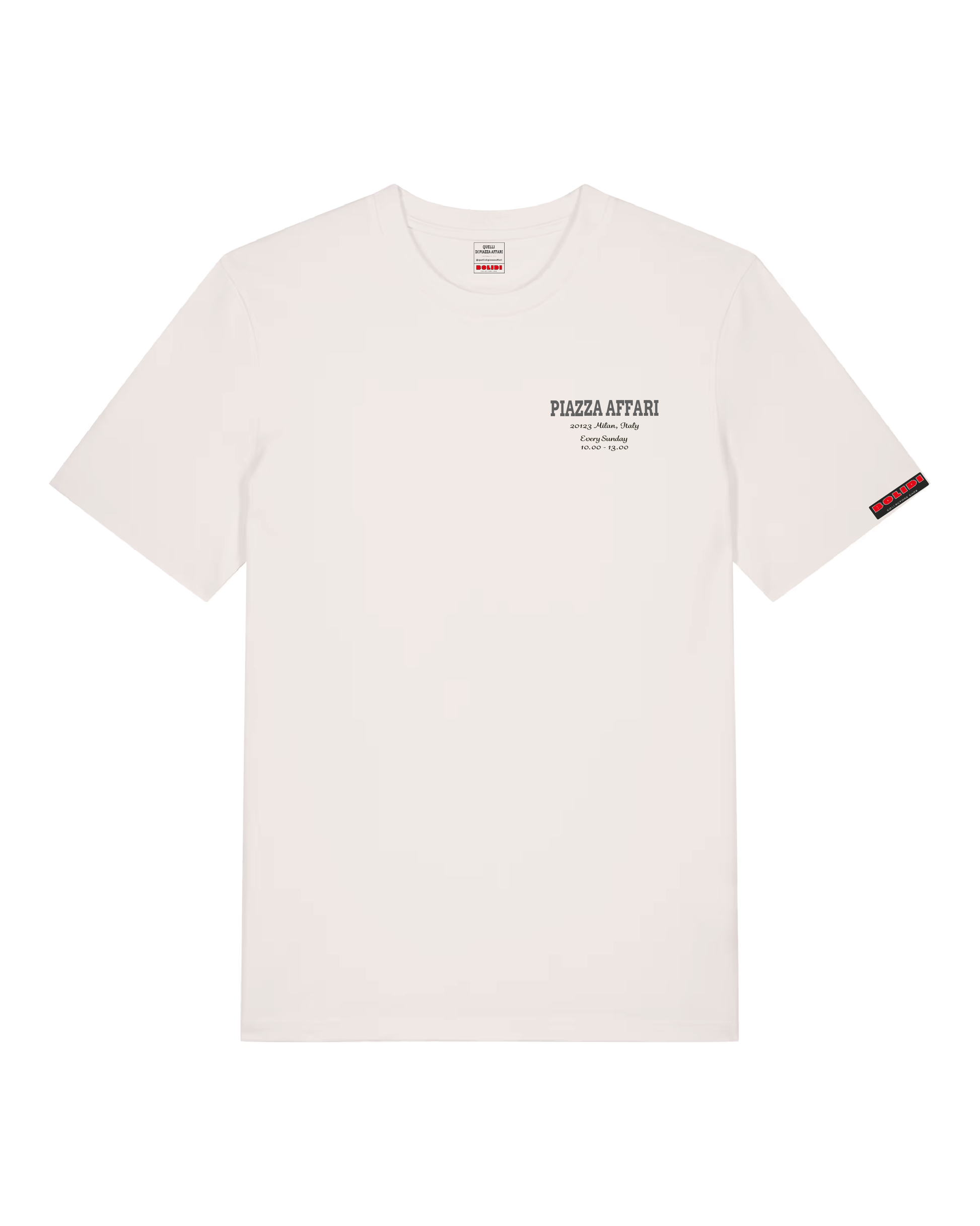 Bolidi x Quellidipiazzaaffari front white t-shirt blue logo