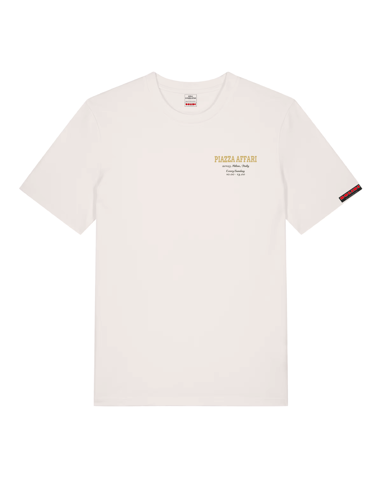 Bolidi x Quellidipiazzaaffari front white t-shirt sand logo
