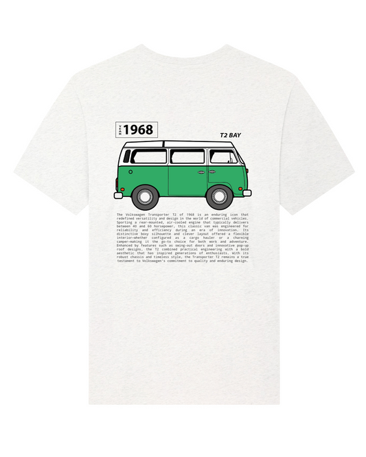 Green Volkswagen T2 Bay tribute tee back cool heather grey