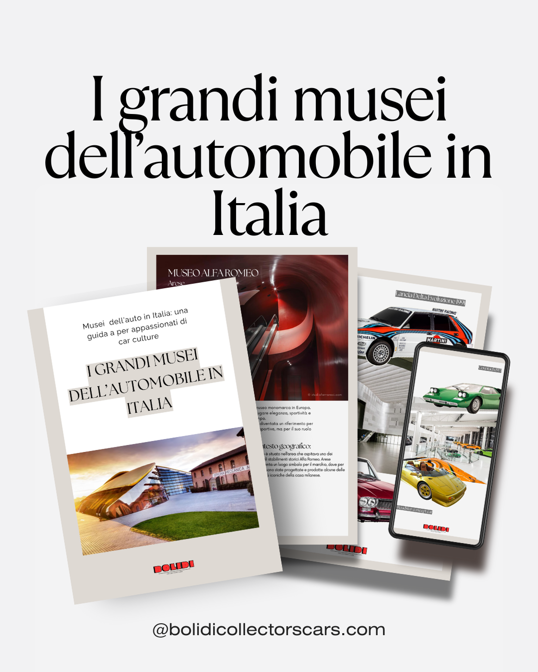 Promotional material for car museums in Italy with images of cars and text.