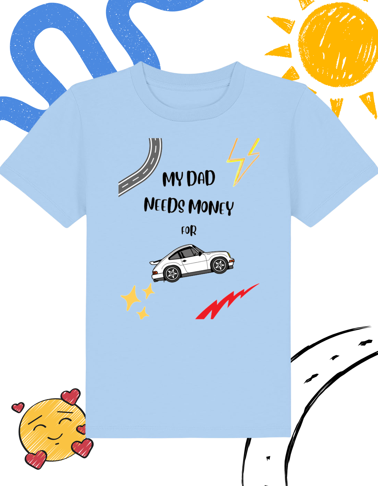Light blue t-shirt with car graphic and text on a white background
