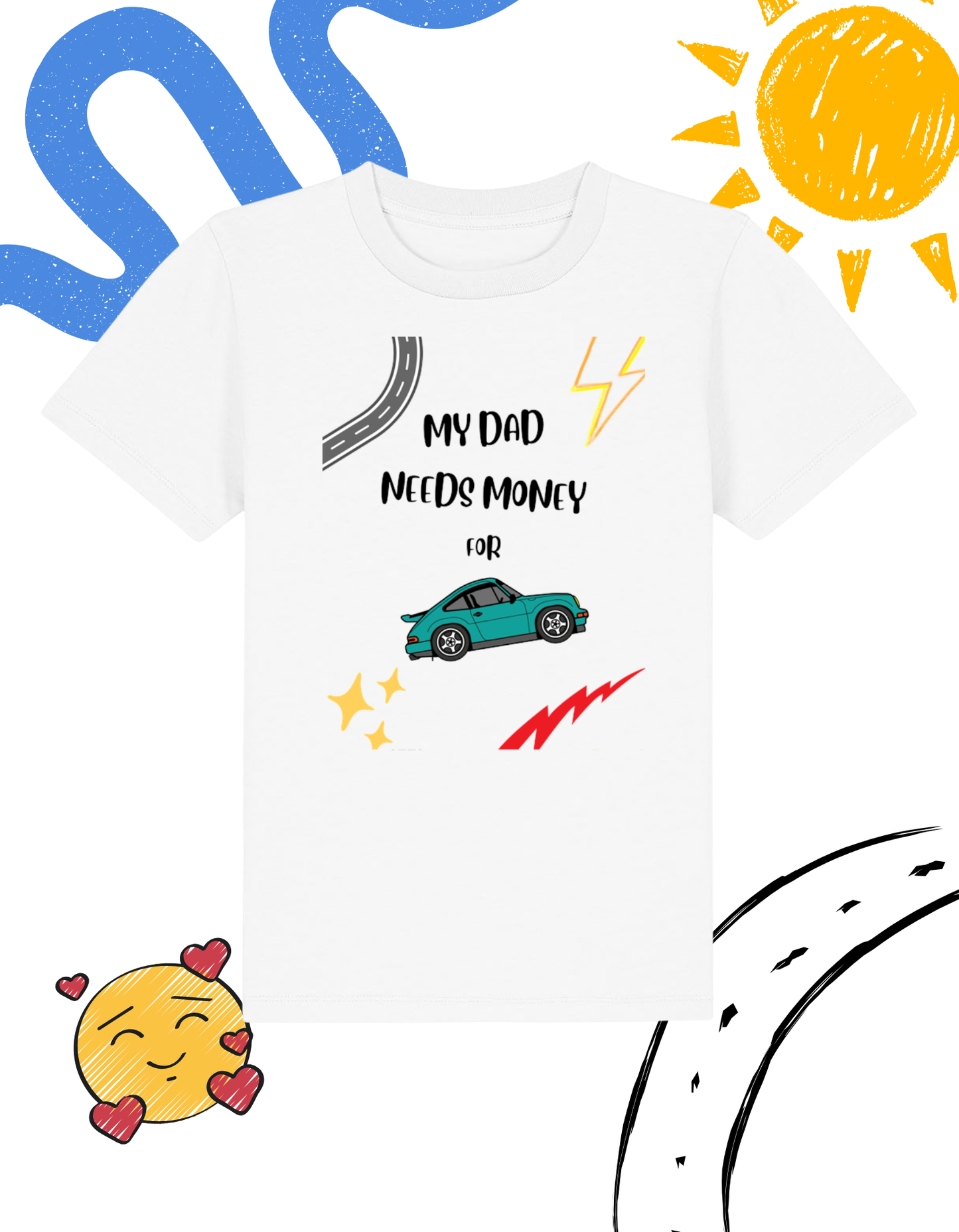 White t-shirt with colorful graphics and text on a white background

